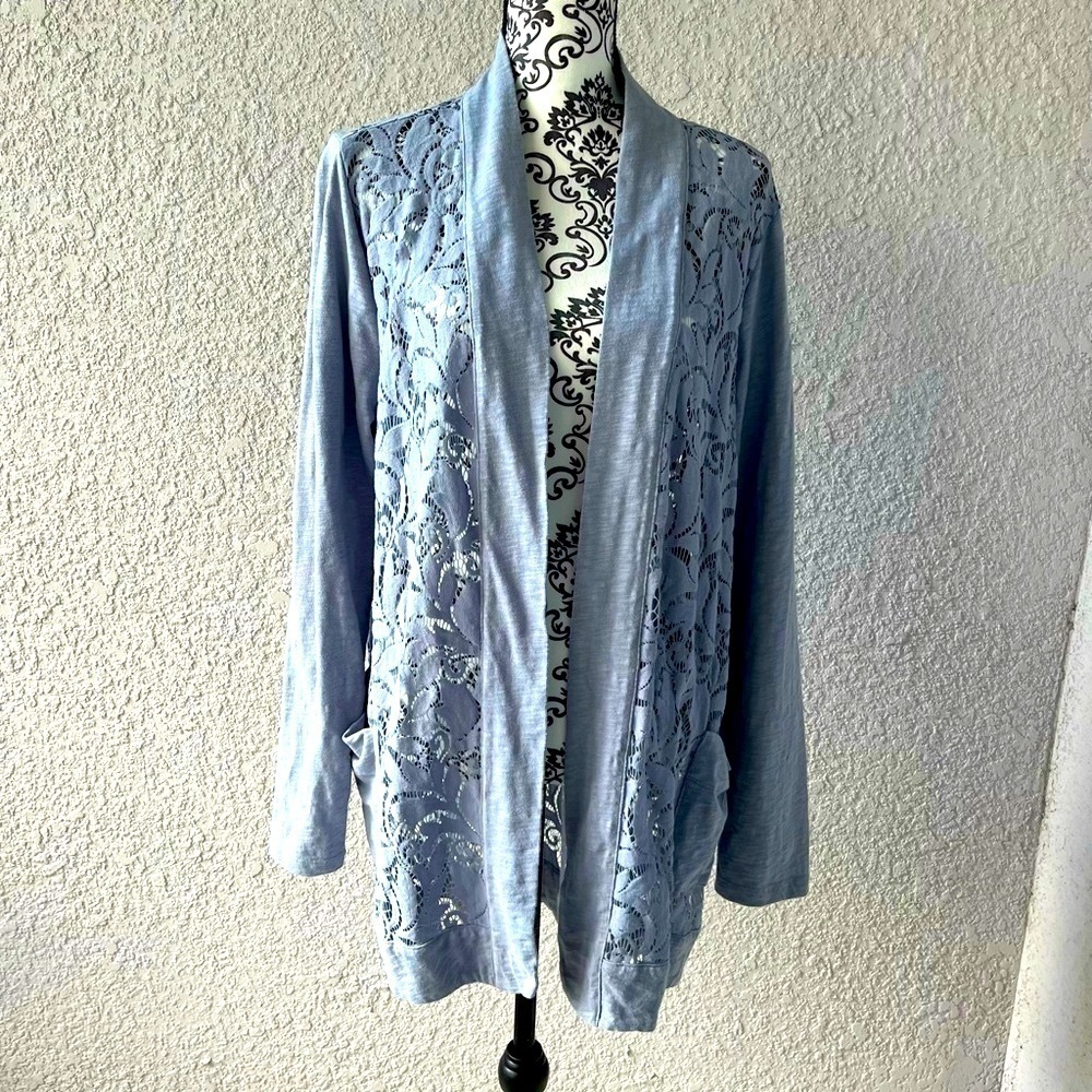 LOGO by Lori Goldstein Open Front Slub Cardigan w/ Lace Detail XL